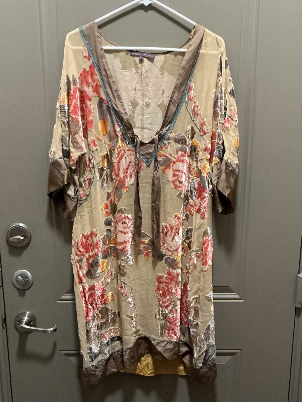 Hale Bob Boho Floral V-Neck Tunic Dress Taupe Beige with Pink Floral Size Large